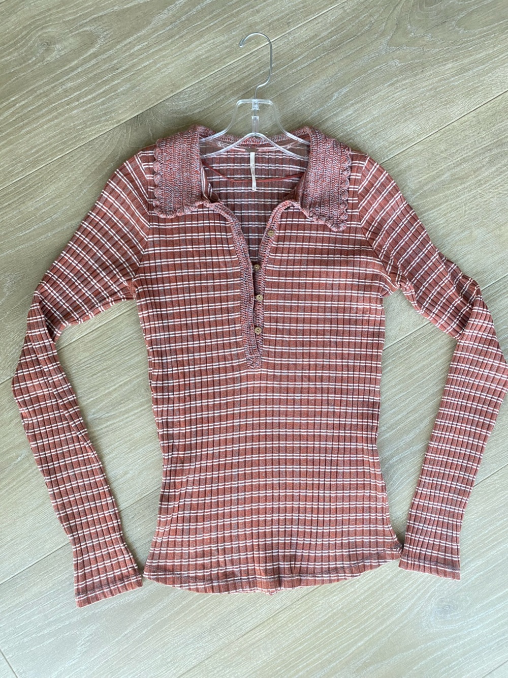 Free People Ribbed Knit Henley Top Crochet Collar Rust Stripe Size Large